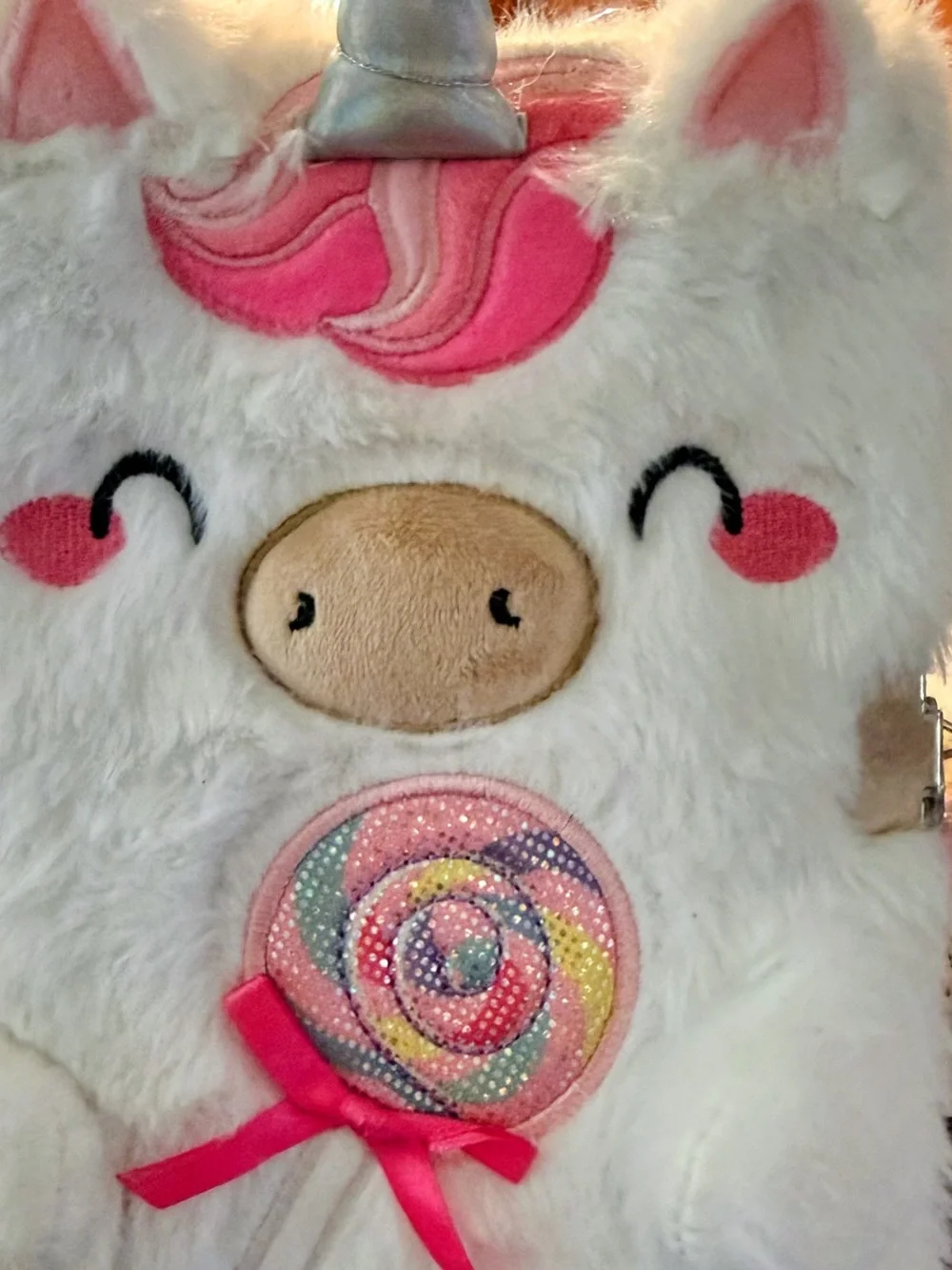 Claire's White & Pink Unicorn Plush Bag with Lollipop Patch